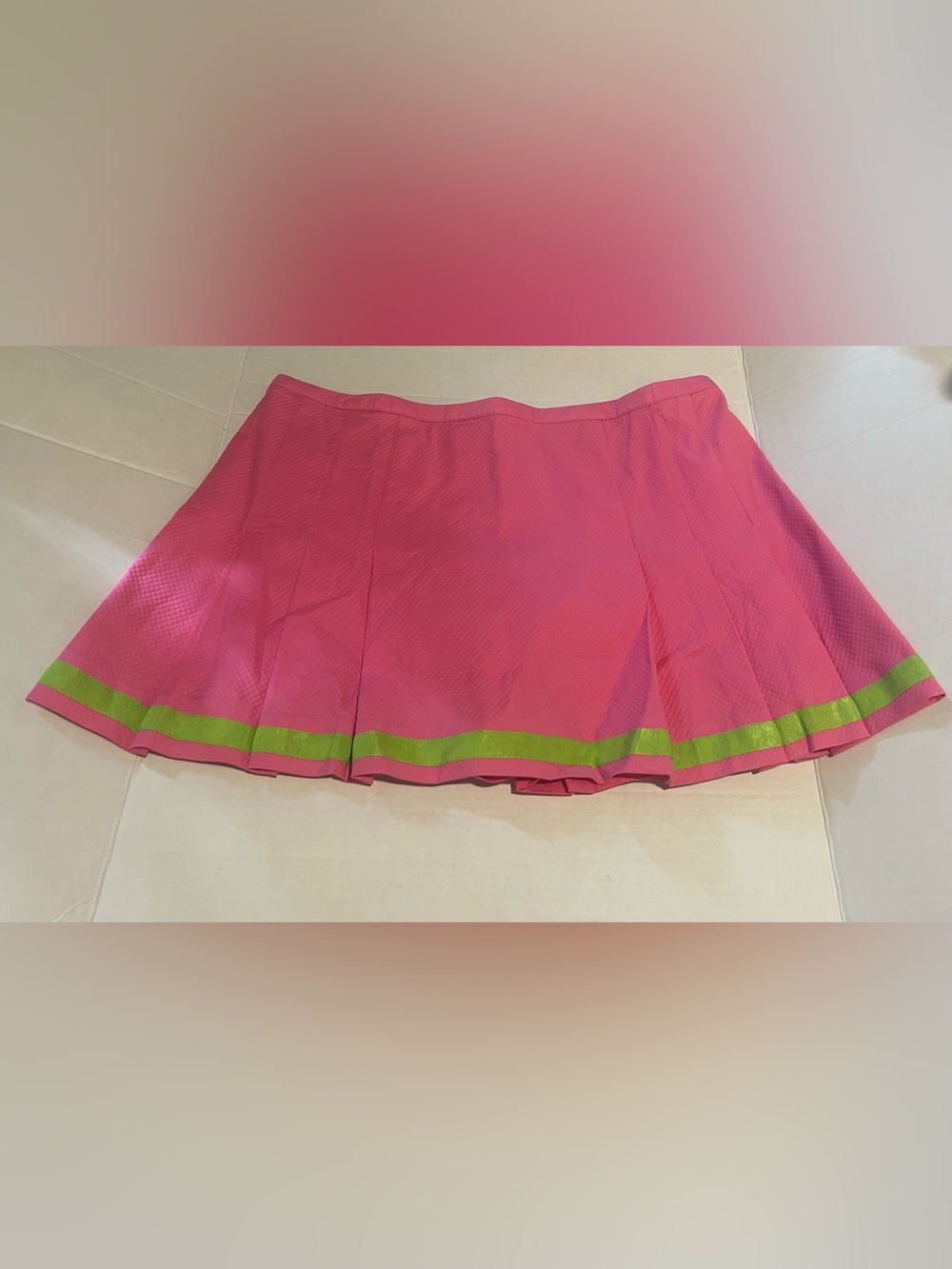 New Lilly Pulitzer Pink Skort Green Ribbon Trim size 12 94% Cotton Pebbled Look